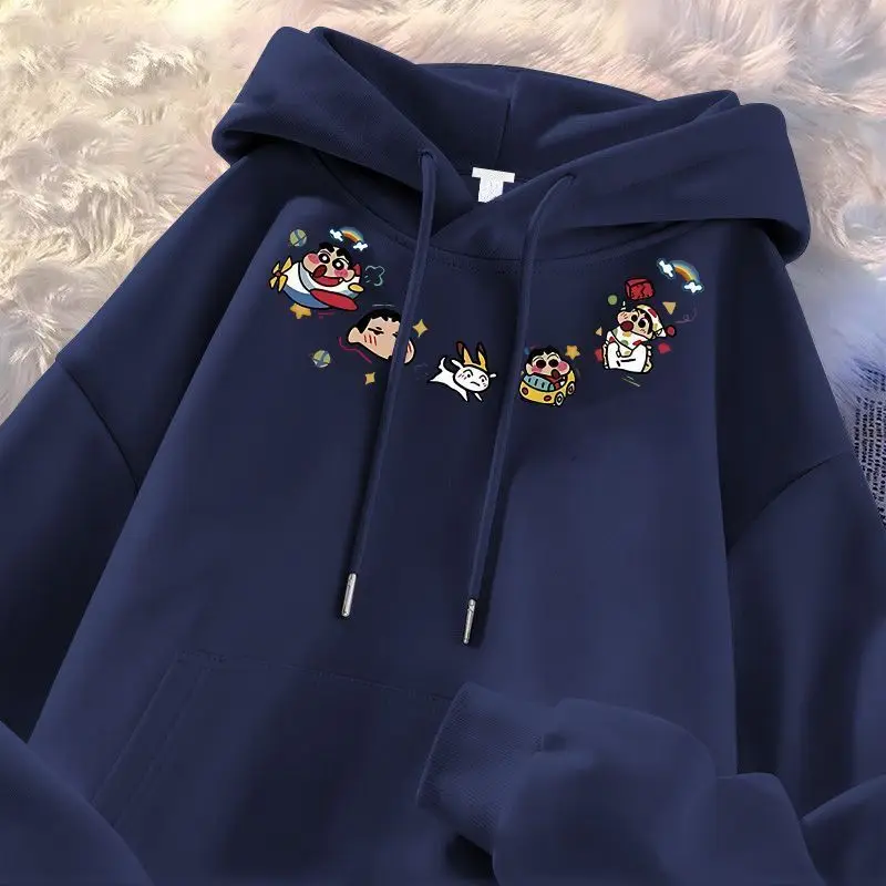 Winter Fleece Lined Crayon Shin-Chan Hoodie Cute Multi Cartoon Characters Chest Print Long Sleeve Warm Casual Couple Hooded Tops