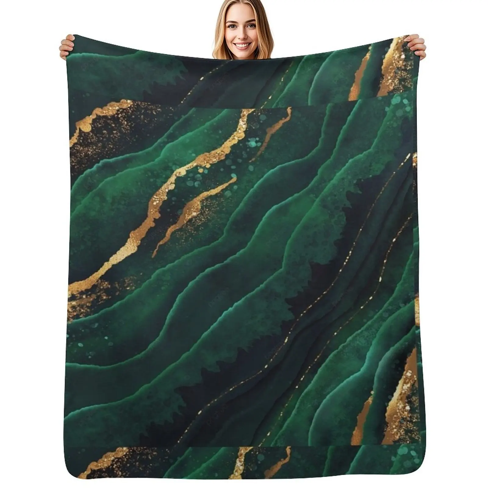Dark green and gold streaks marble print Throw Blanket Large Plush Shaggy Blankets For Sofas Luxury Throw Blankets