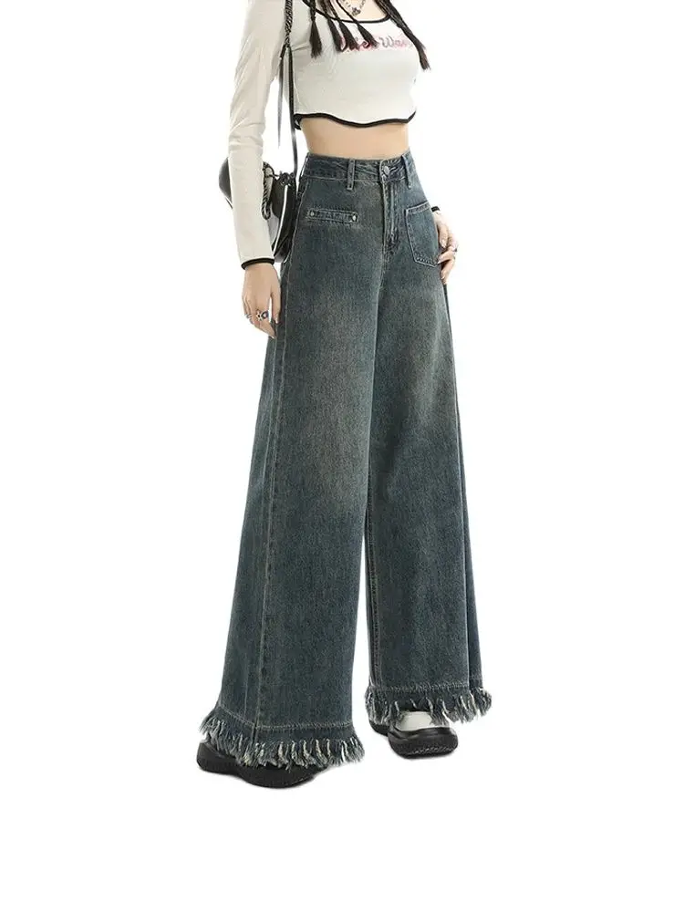 

Blue Y2k Ripped Tassels Jeans Women Harajuku Gothic Grunge Baggy Denim Pants Korean Streetwear Gyaru Trousers Kpop Hippie New