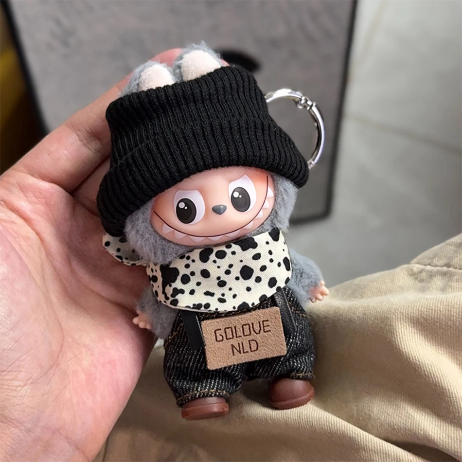For Mini Labubu Pin For Love Black Bib Overalls Hairband V4 Doll Accessories Plush Doll Outdoor Keychain Lovely Outfit Toy Gifts