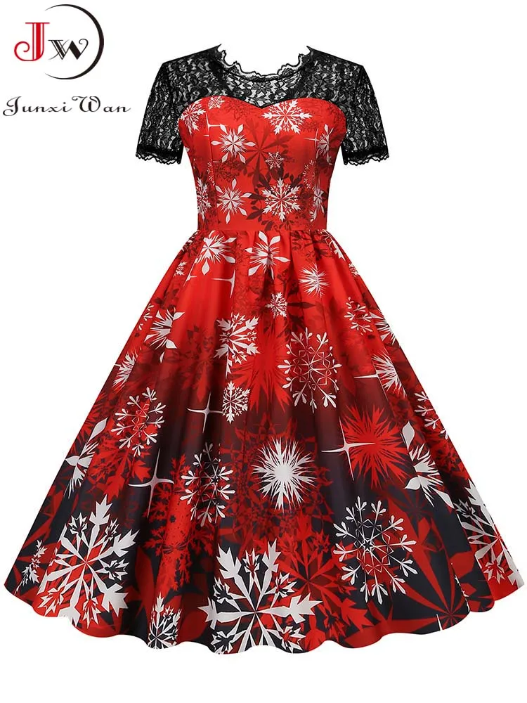 2022 Christmas Costume Party Dress Women Short Sleeve Lace Vintage Winter Dress Robe Elegant Xmas Evening Clothing