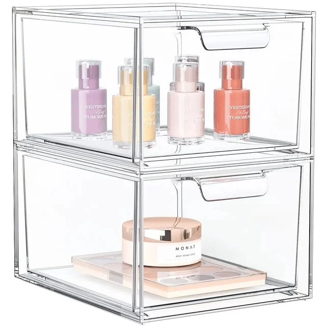 

Stackable Plastic Makeup Organizer Drawers Acrylic Organizers Clear Storage Bins with Pull-Out Handles for Vanity Makeup Tool