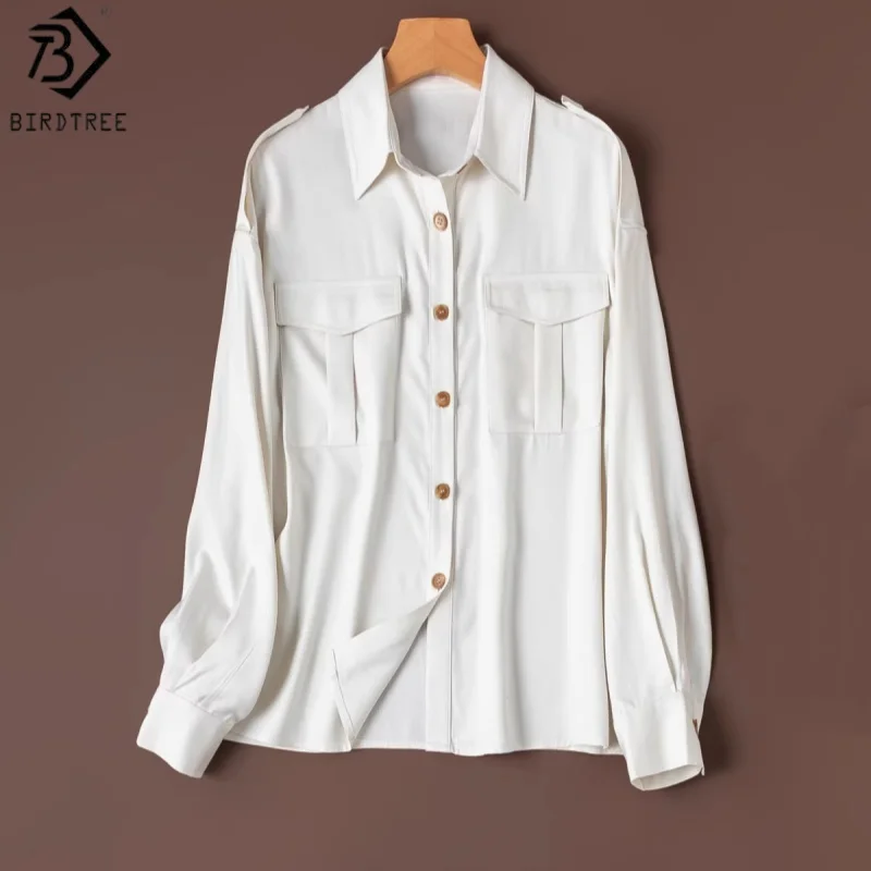 

Блузка Birdtree из 100% натурального шелка, рубашка из крученого шелка, женская однотонная свободная блузка с отложным воротником, длинный рукав, новинка весны 2026, T63624JF