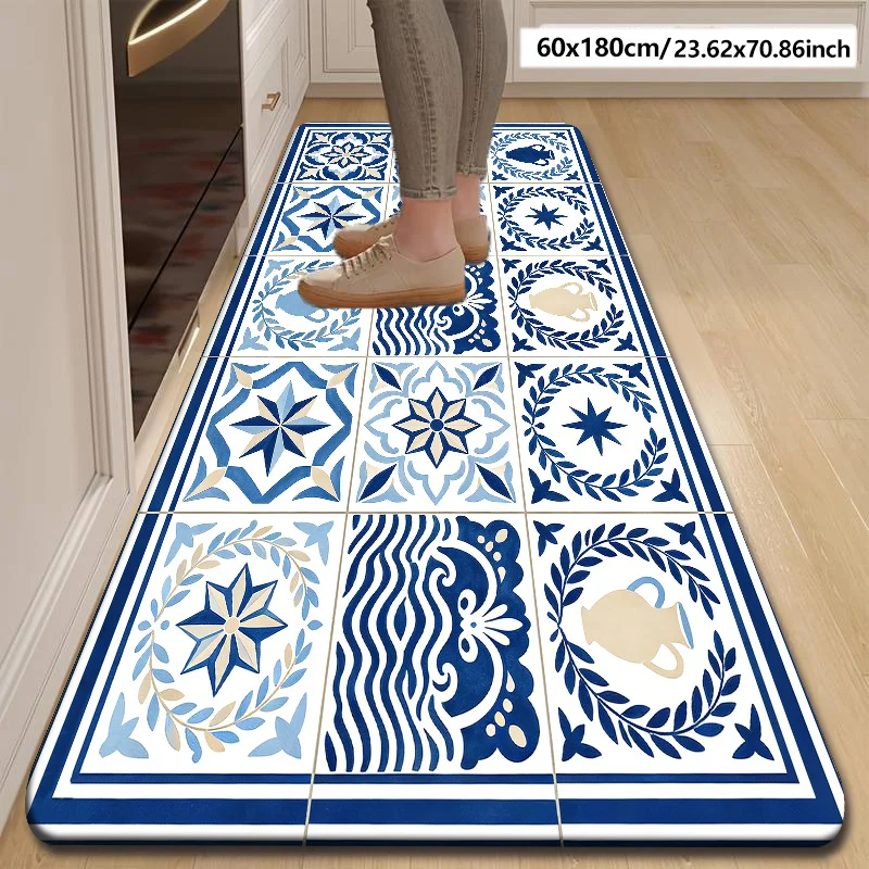 Retro Blue White Tile Floor Mat Non Slip Quick Dry Runner Star Laurel Vase Floral Pattern Carpet Kitchen Counter Hall Wash Area