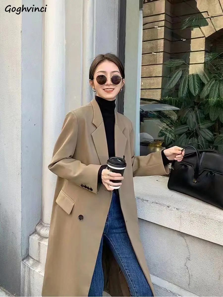 Blazers Women Long Minimalist Loose Vintage Classic Elegant Office Lady Outerwear Solid All-match Notched Fashion Harajuku Daily