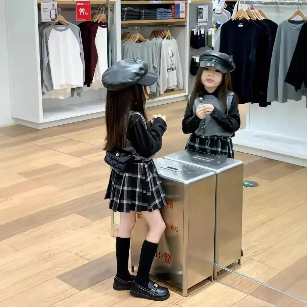 Girls Spring and Autumn Korean Grey Knitted Vest + Smooth Black Shirt Black and White Plaid Safety Culottes Skirt