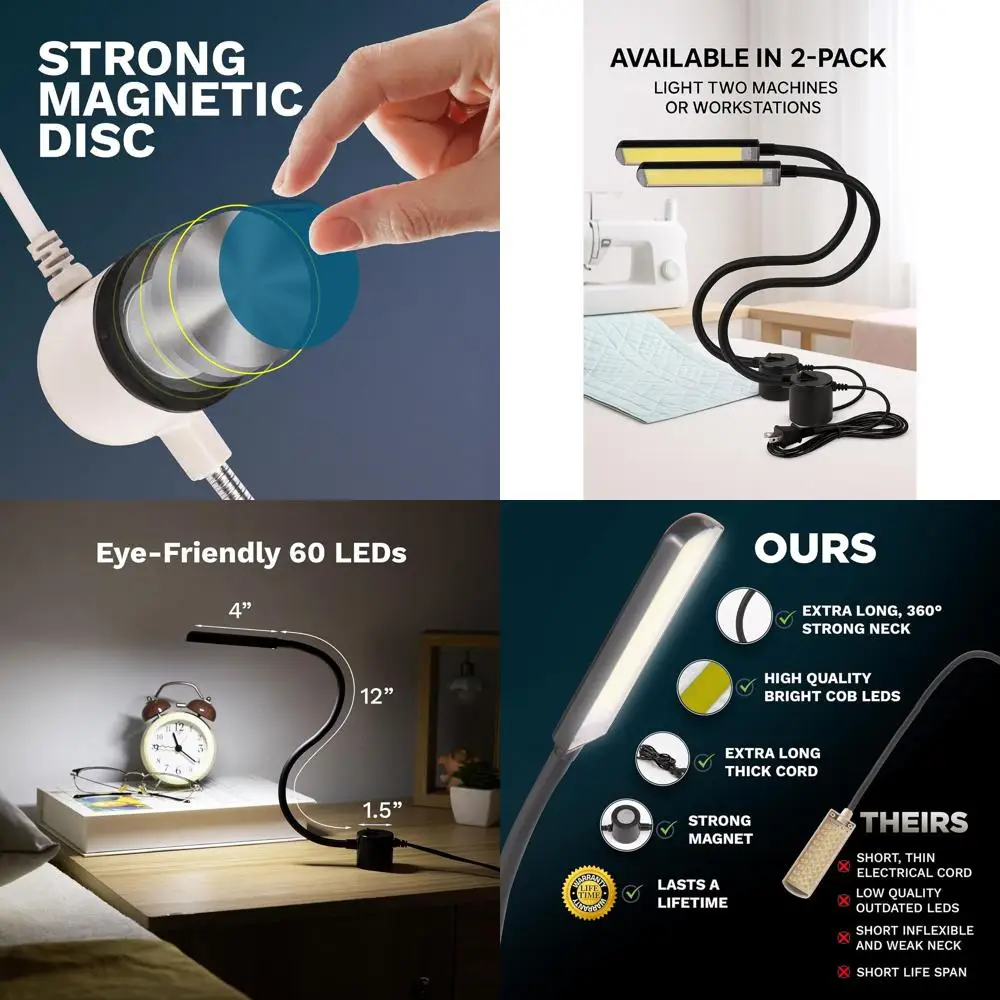 

60 LED Flexible Magnetic Work Light, 2-Pack with Extra Long Gooseneck, Bandsaw & Scroll Saw Accessories, 4 Mounting Discs Includ