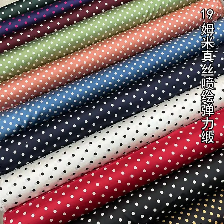 Water Jade Polka Dot Print Real Silk Spandex Silk Satin Fabric Silk Cheongsam Dress Silk Cloth Spring and Summer Clothing