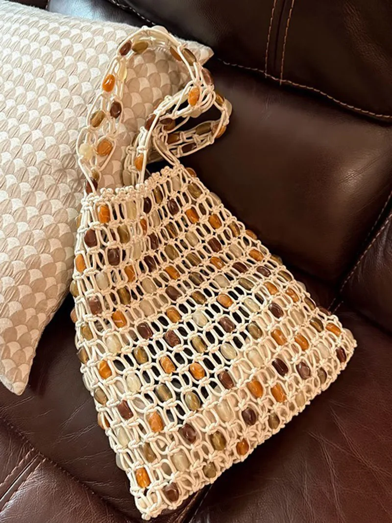 Handmade Hollow Out Cotton Rope Crochet Bag Ladies Summer Beaded woven bag Bucket Bag Phone Purse Handbag For Girls