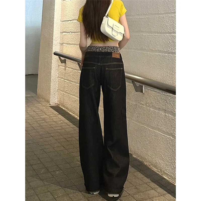 High Waist Leopard Pattern Splicing Women Jeans Hip-hop Style Fashion Vintage Streetwear Y2K Wide Leg Trouser Baggy Denim Pants