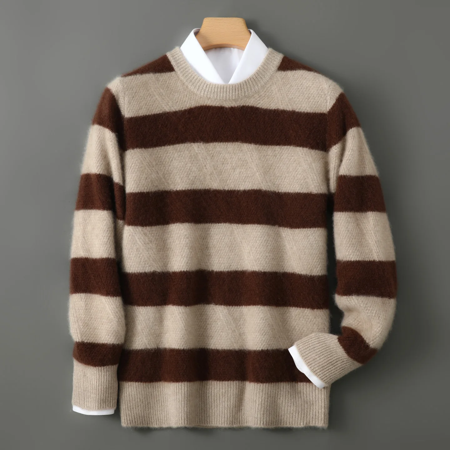 2025 Winter Men's Color blocked Stripe 100% Pure Wool High end Leisure Thickened Winter Cashmere Base Sweater Youth