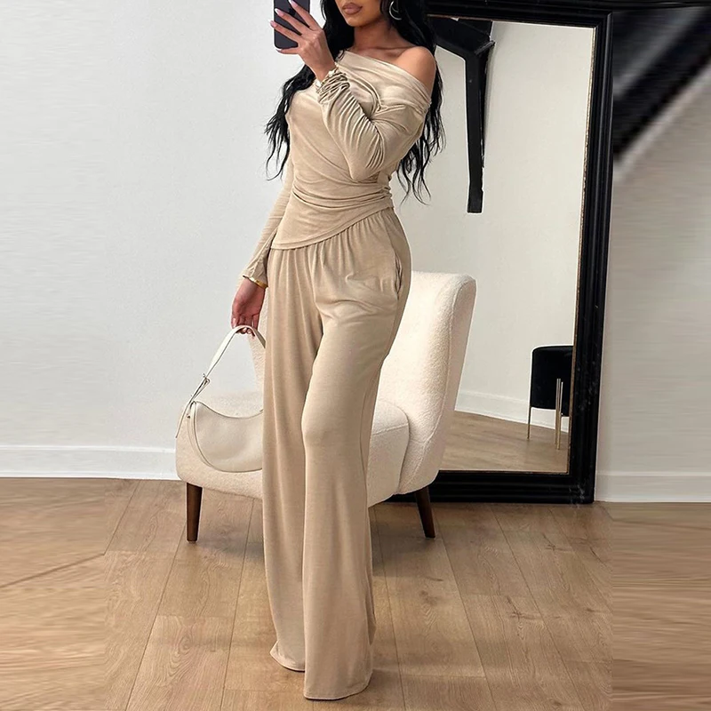 Nowe eleganckie topy z długim rękawem i szerokie nogawki Garnitur All Match Solid Color Tracksuit Women Casual Skew Collar Skinny Two Piece Outfit