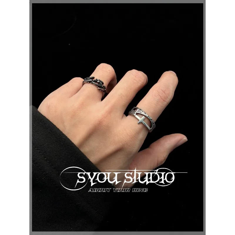 Dark Wind Retro Thorn Flower Crown Ring Abstract Cross Male and Female Personality Vine Branch Ring Does Not Fade