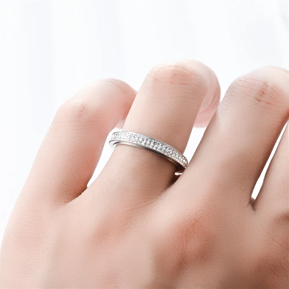 

2 Row Anxiety Ring Rotary Thermogenic Moissanite Spinner Stainless Steel Anti-stress Jewelry for Stress Relief