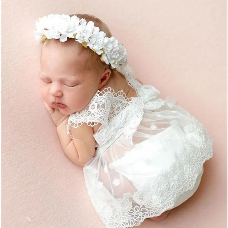 2024 New Large Newborn Photography Clothing Photography Clothing Baby Full Moon White Princess Dress Lace Jumpsuit Set Newborn