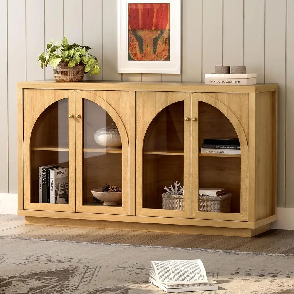 4-Door Arched Sideboard with Adjustable Shelves for Living, Entryway, Dining Rooms in Natural Oak Finish