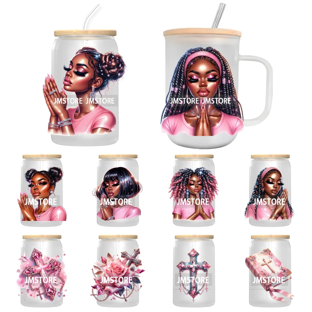Faux Rhinestone Afro Girl Praying UV DTF Cup Decals Ready To Apply Custom Waterproof Transfer Stickers For 16OZ Tumbler Bottle