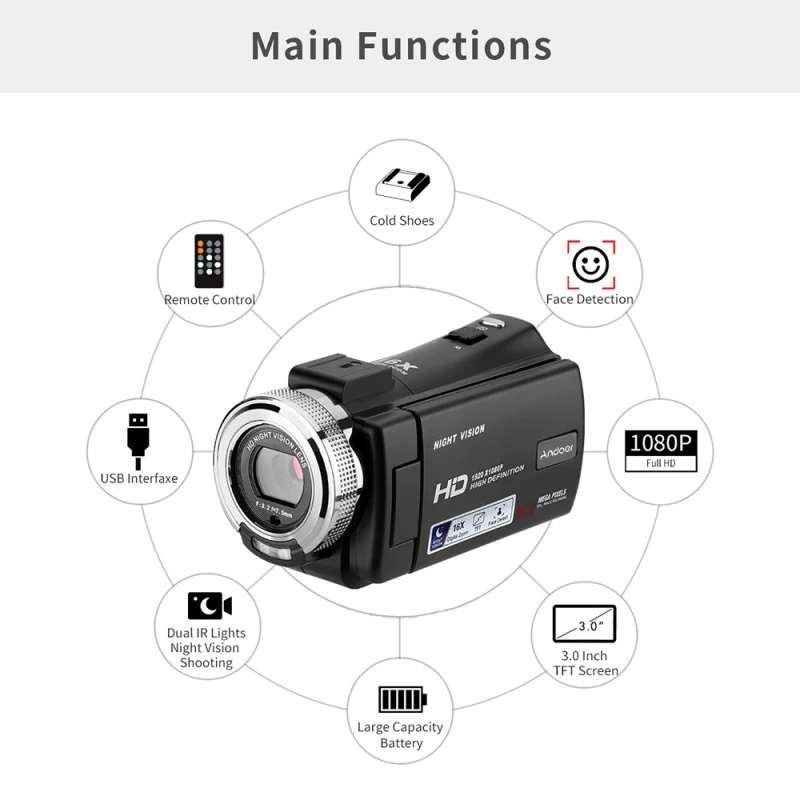 Andoer V12 1080P Full HD 16X Digital Video Camera with 3.0 Inch Rotatable LCD Screen Max. 30 Mega Pixels Support Night Vision