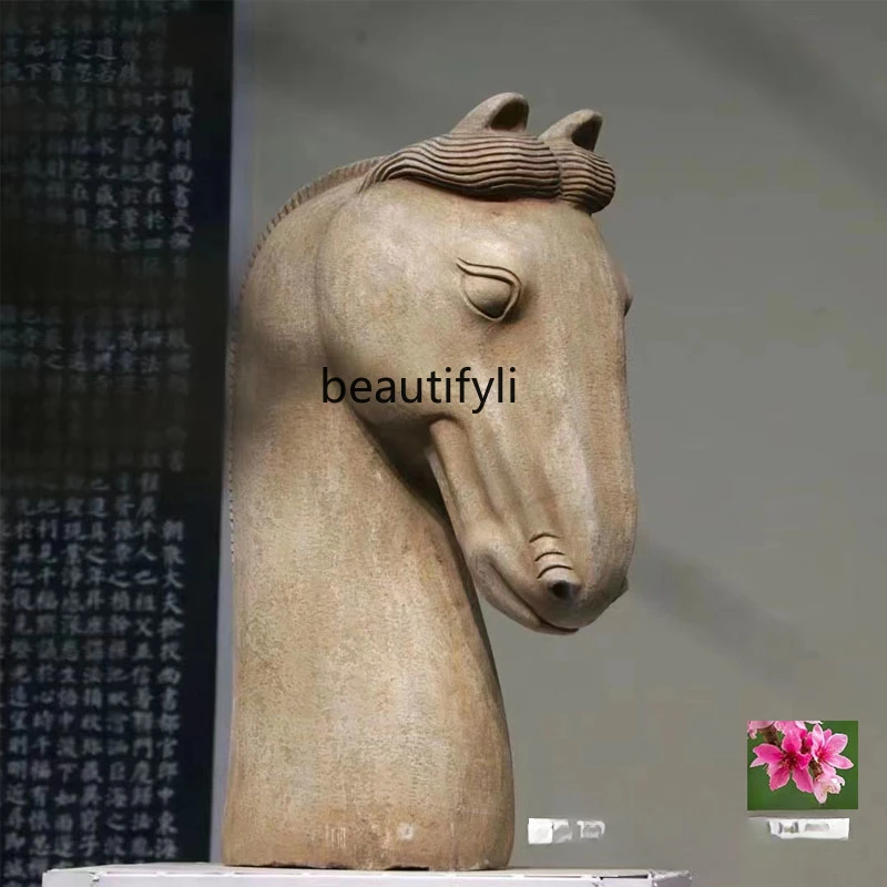 Stone carving bluestone horse head antique and old art decoration indoor private room coffee table ornament