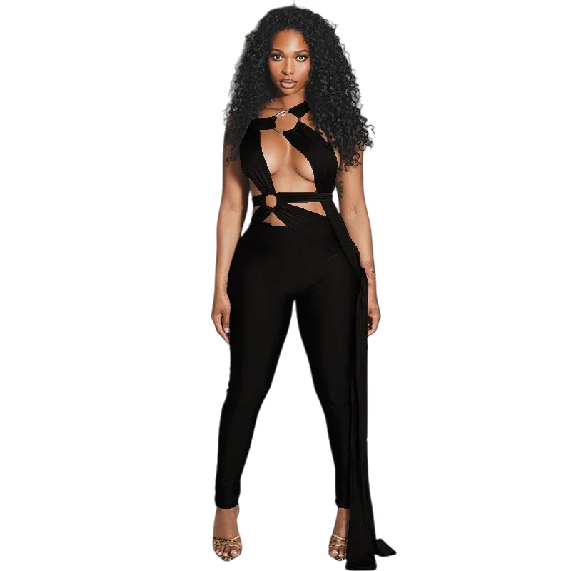 

Women’s Halter Sleeveless Hollow-out Metal Ring Bandage Backless Low-Waist Asymmetrical Jumpsuits, Solid Color, Sexy