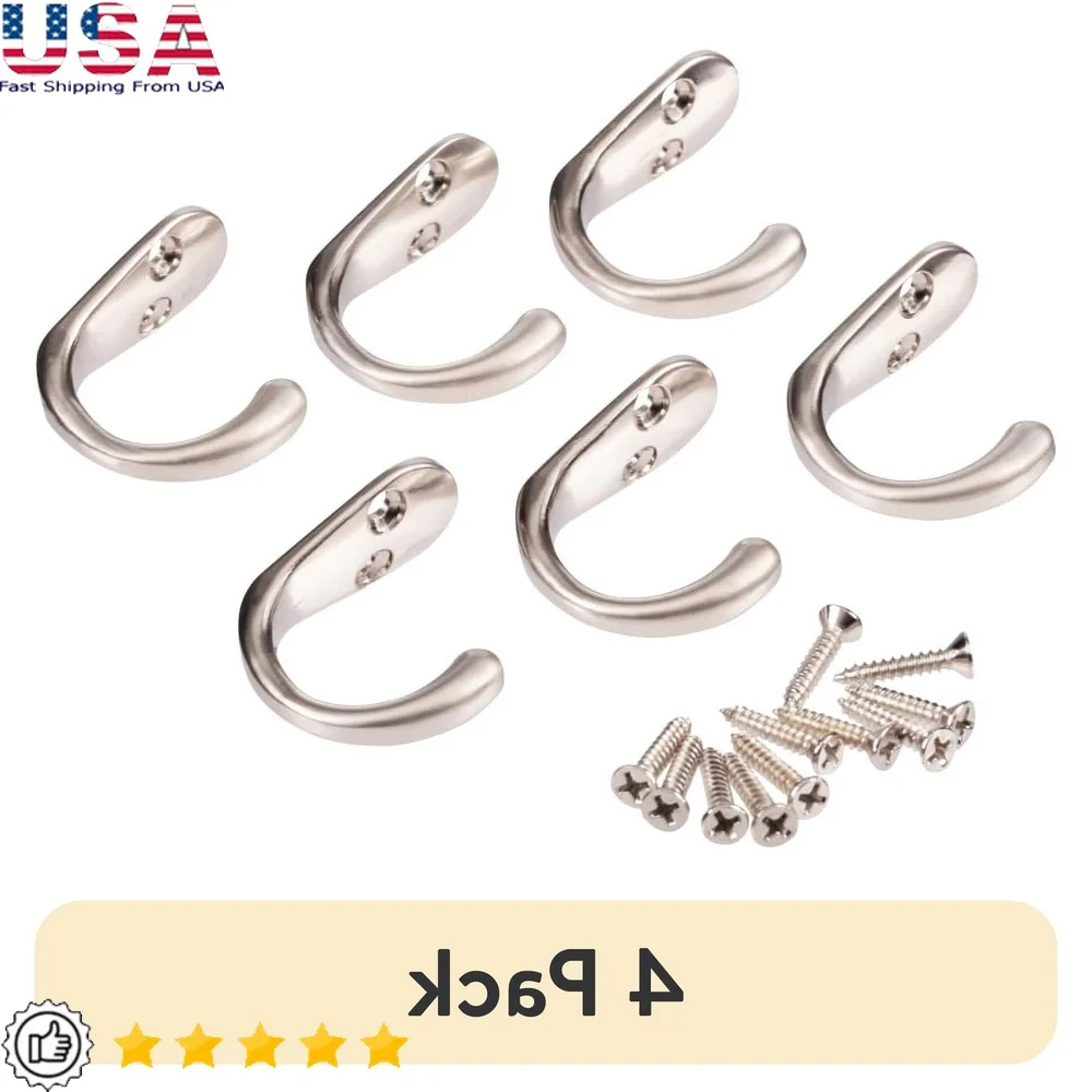 

4 настенных крючка из атласного никеля с 6 монтажными винтами, ограничение веса 10 фунтов. Простая установка. Декоративное решение для хранения.