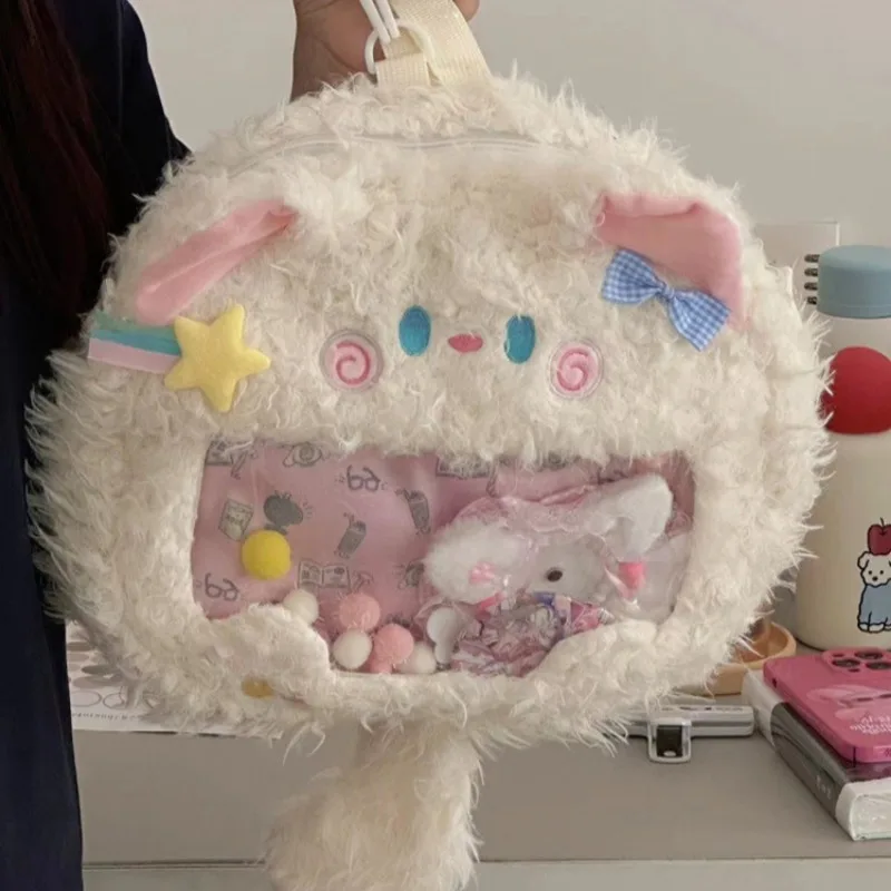 Xiuya Katze Umhängetasche für Frauen Plüsch Süße Mode Y2k Kleiner Rucksack Japanischen Stil Transparent Casual Lolita Weibliche Ita Tasche