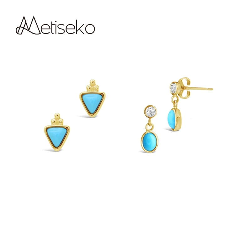 

Metiseko 925 Sterling Silver Synthetic Turquoise Stud Earrings Triangle Oval French Retro Style Drop Earrings for Women Party