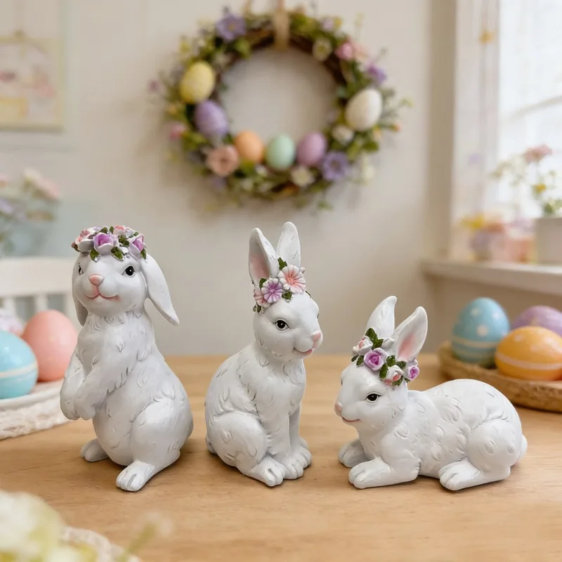 Easter Rabbit Resin Ornament Cartoon Animal Statue Couple&Parent Child Rabbit Garden Outdoor Crafts Decoration Easter Home Decor