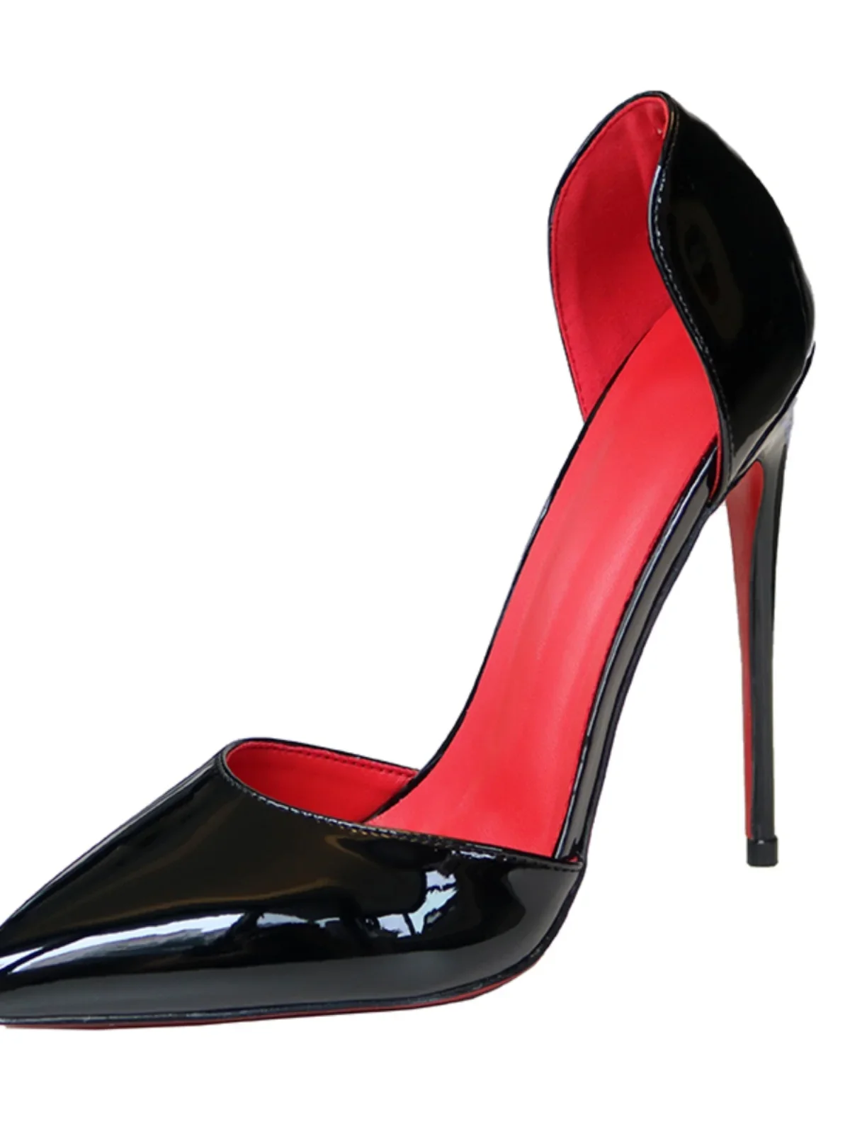Red hollow super high heels with thin heels, pointed tips, patent leather, ultra shallow mouth, French size, sexy 12cm