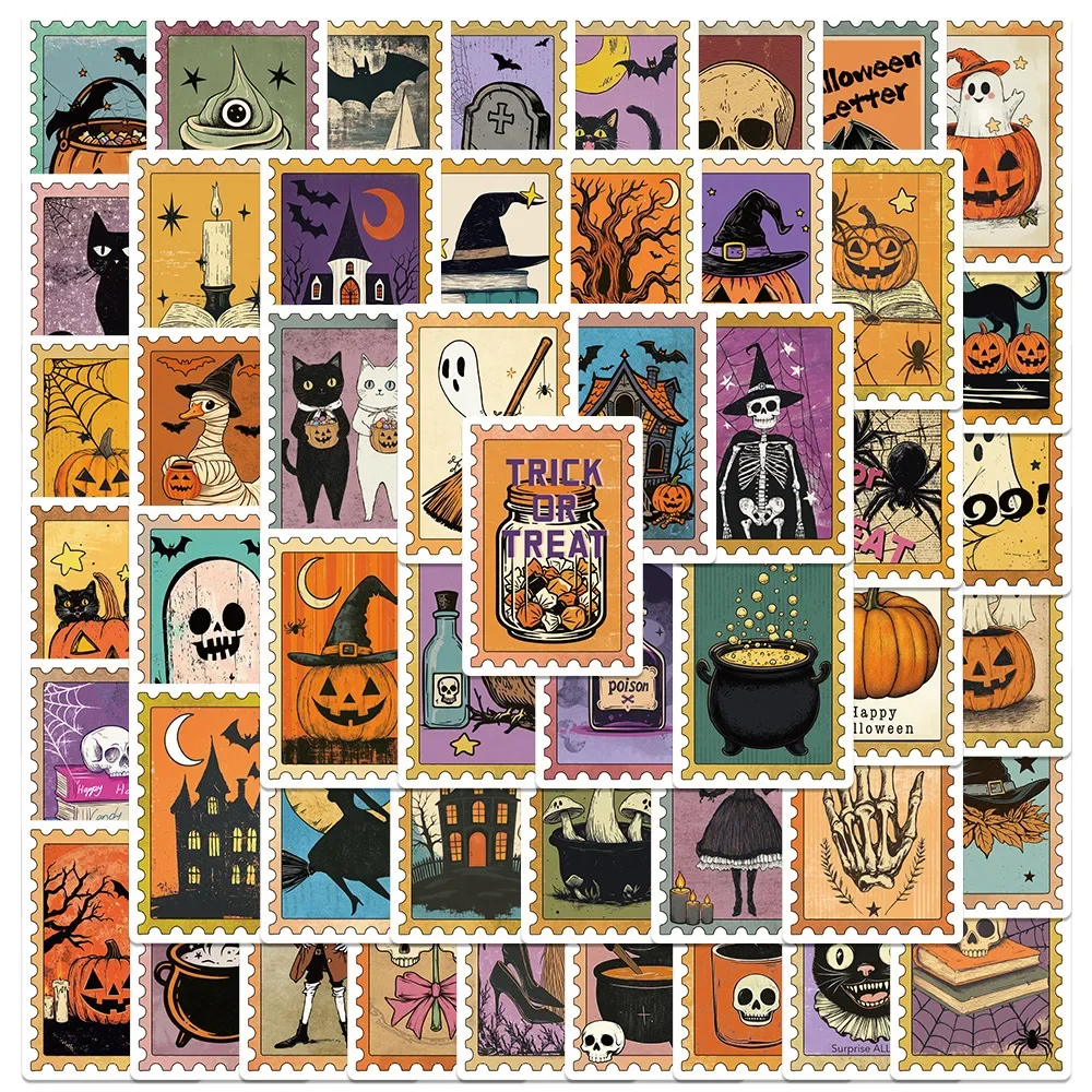 50/100PCS Vintage Halloween Postage Stamp Stickers, Skeleton Witch Graffiti Decals for Phone Laptop Guitar Luggage DIY Cute Gift