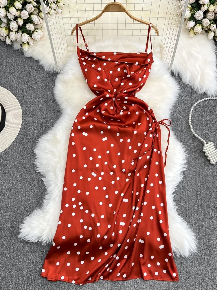 우아한 폴카 도트 비치 휴가 드레스 민소매 하이 웨이스트 a 라인 미디 스커트 한국 스타일 원 숄더 가운 여름 드레스