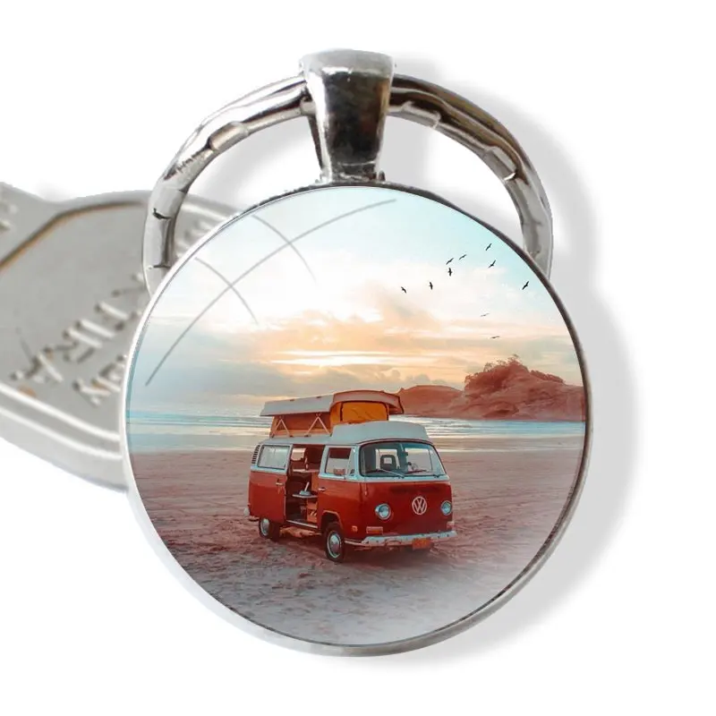 Combi Van Surf 25mm Glass Cabohcon Keychain Key Rings for Women Men Jewelry Gift