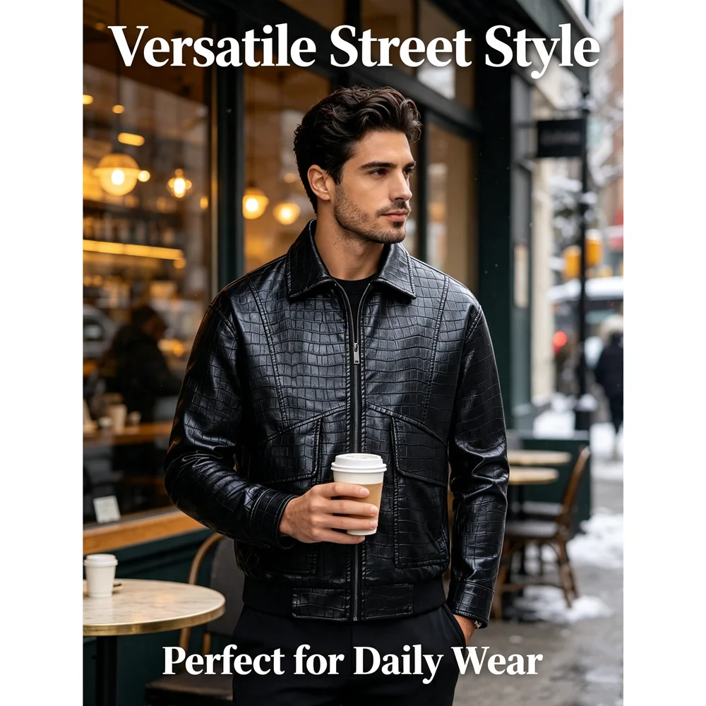 Autumn Men's Crocodile Pattern PU Leather Jackets Fashion Men Streetwear Motorcycle Bomber Coats Men Windbreaker Leather Jacket