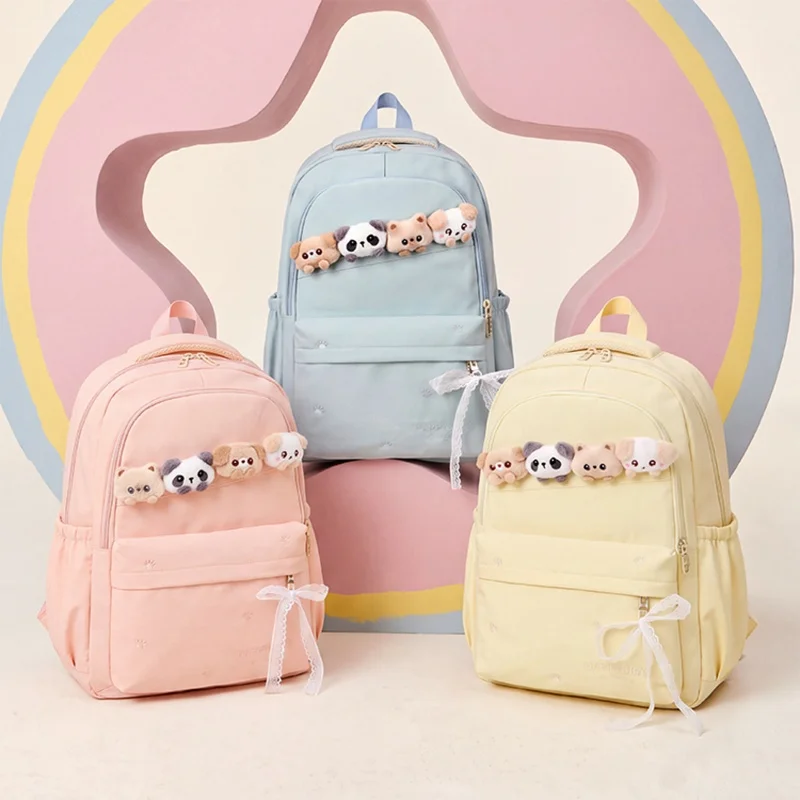 Kawaii Light Yellow Backpack For Women Girls Cute Nylon School Bag With Plush Pendant Decor Lace Bow Casual Daily Travel College
