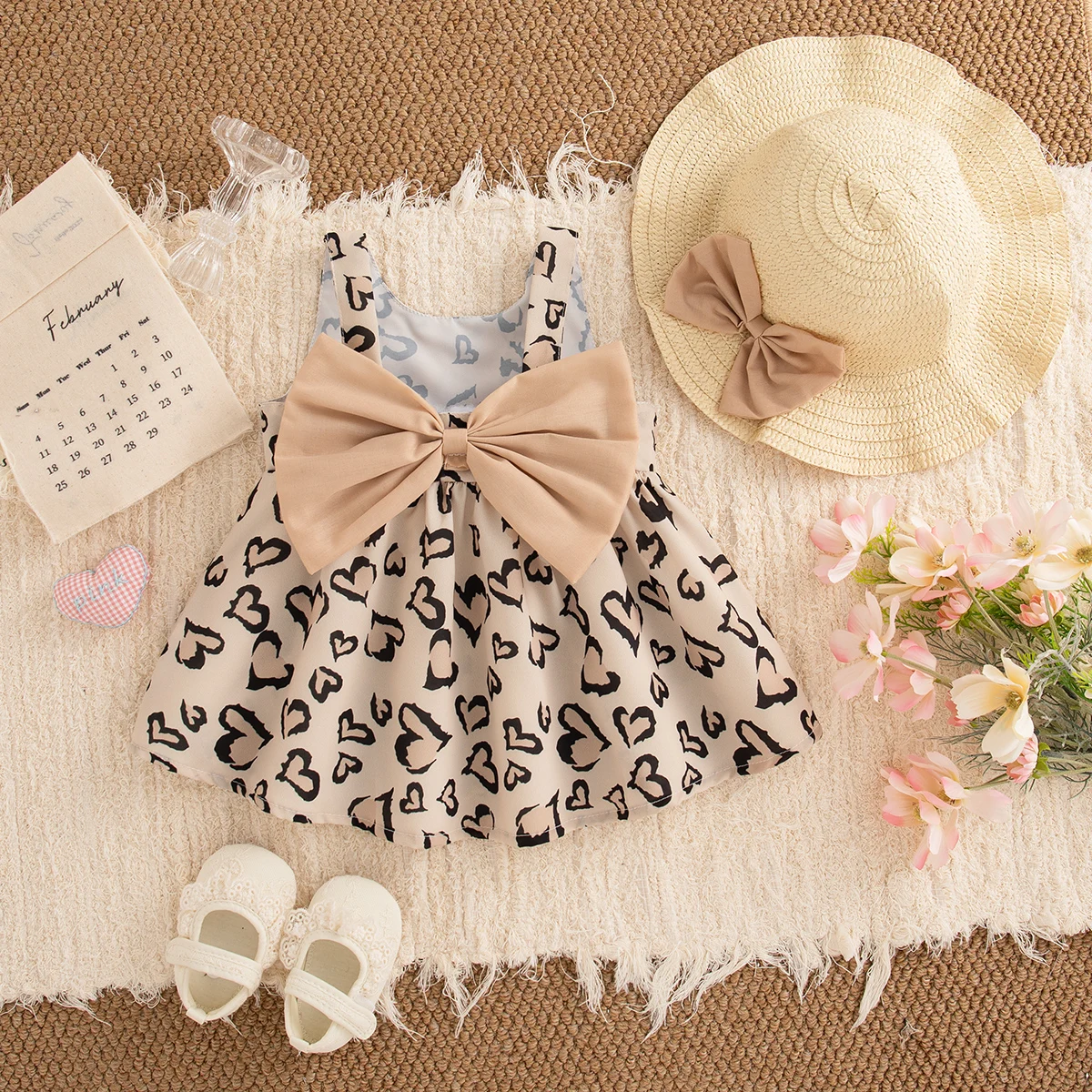 Heart Print Baby Girl Dress Summer New Sweet Bow Children'S Clothing+Hat (6-24 Months)