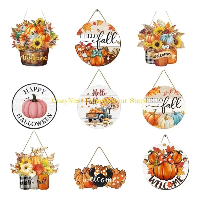 92MF Thanksgiving Wooden Hanging Sign Wall Decors Pumpkin Wooden Front Door Hangers Hello Fall Thanksgiving Decorations Door