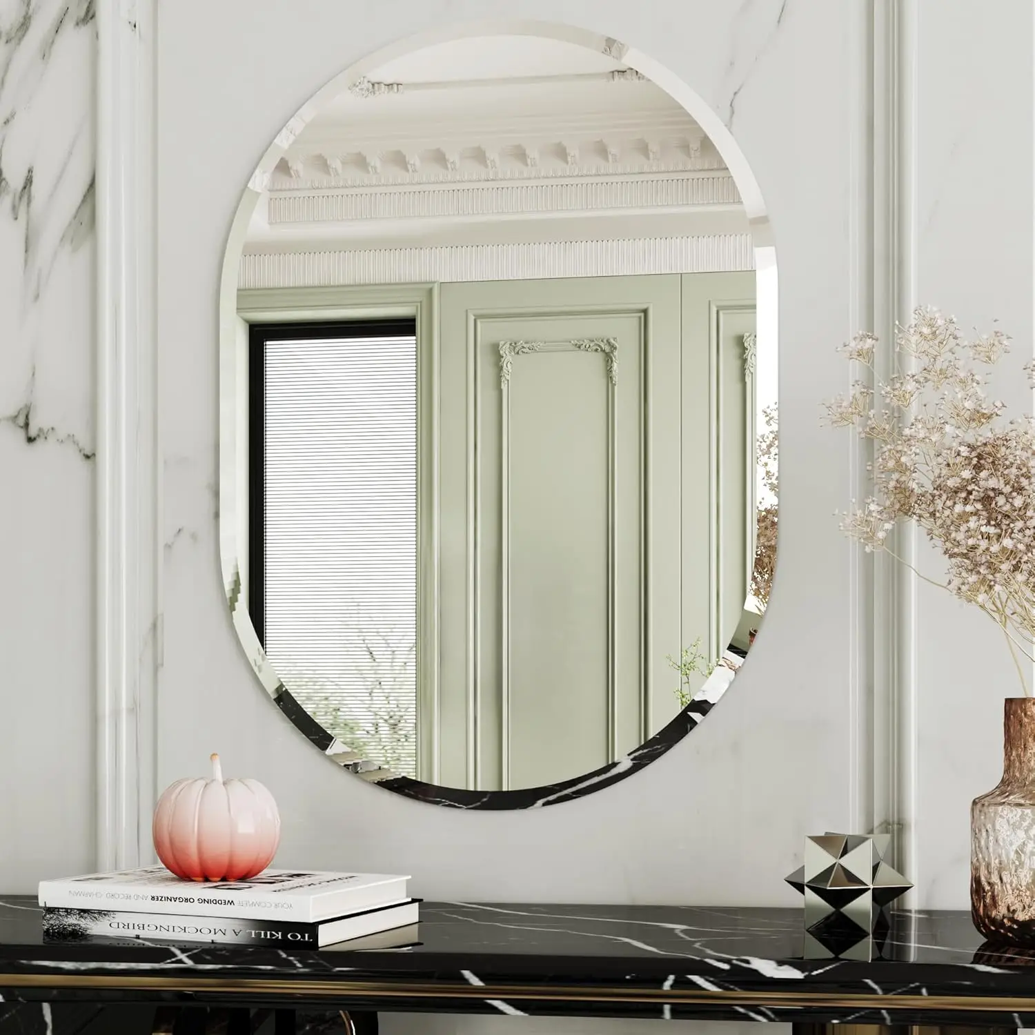 

Beveled Oval Bathroom Mirror, Frameless Wall Decor for Entryway and Bathrooms, 20x28 Inches