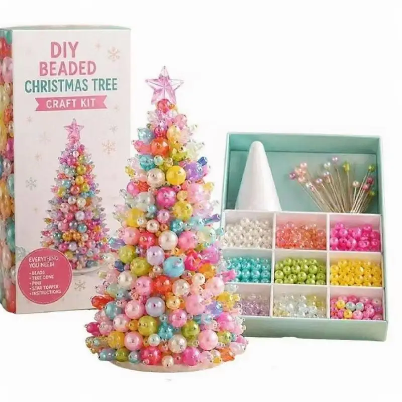 DIY Beaded Christmas Tree Craft Kit Pearl Bead Tabletop Mini Xmas Handmade Ornament For Holiday Home Desktop Decoration 1 Set