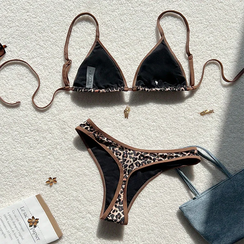 2025 NOVEDAD DE VERANO moda estampado de leopardo mujeres Bikini dividido Sexy con cordones mujer playa caliente traje de baño de primavera conjuntos de dos piezas
