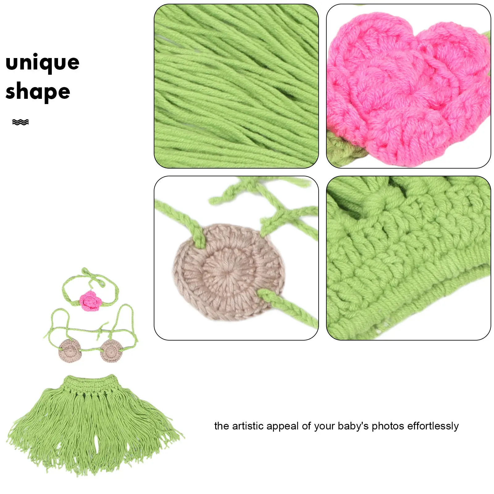 1Set Newborn Photography Outfit Baby Luau Costume Straw Skirt Knit Design Infant Photo Shoot Props Set Comfortable Soft Material
