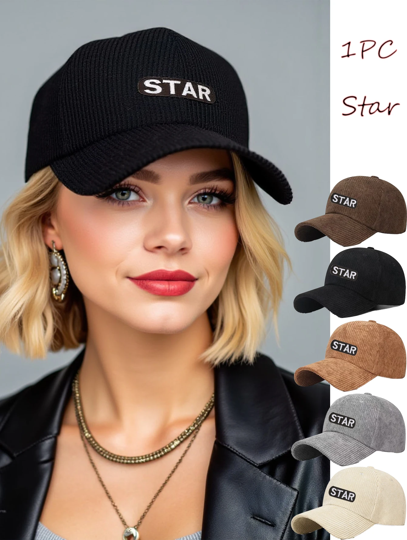 1 PC Letter Star  Corduroy Baseball Cap - Unisex Plain Solid Color Fall Winter Hat with Sun UV Protection, Adjustable Casual