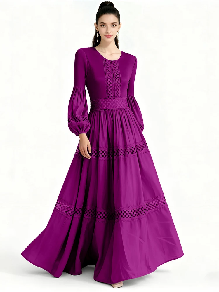 ربيع الخريف الفرنسية الرجعية قصر الدانتيل بريق مطوي فستان للنساء موضة جديدة حفلة كم طويل كبير فستان محكم من عند الصدر ويتدلى بشكل واسع S246 #6