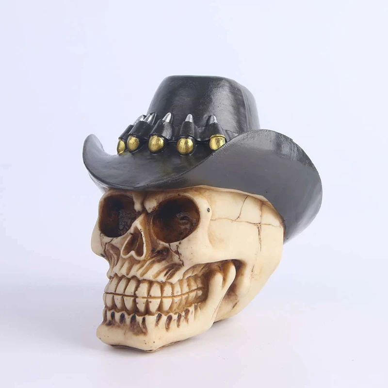 Vilead Human Cowboy Hat Head Skull Statue Resin Craft Halloween Horror Party Decor Movie Props Art Ornament Home Sculpture Gifts