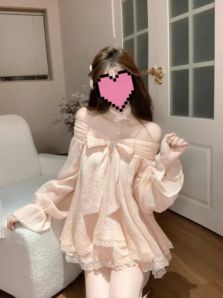 

Sweet Gentle Knot oulder Women's Loose f Skirt Set SYJ Comfortable Home Faion Casual Sle Autumn Summer