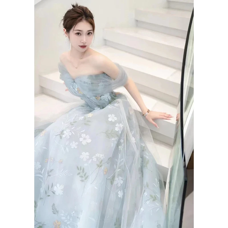 

French Evening Dress off-Shoulder Fairy Flower Host Temperament Birthday Graduation Chorus Costume Blue