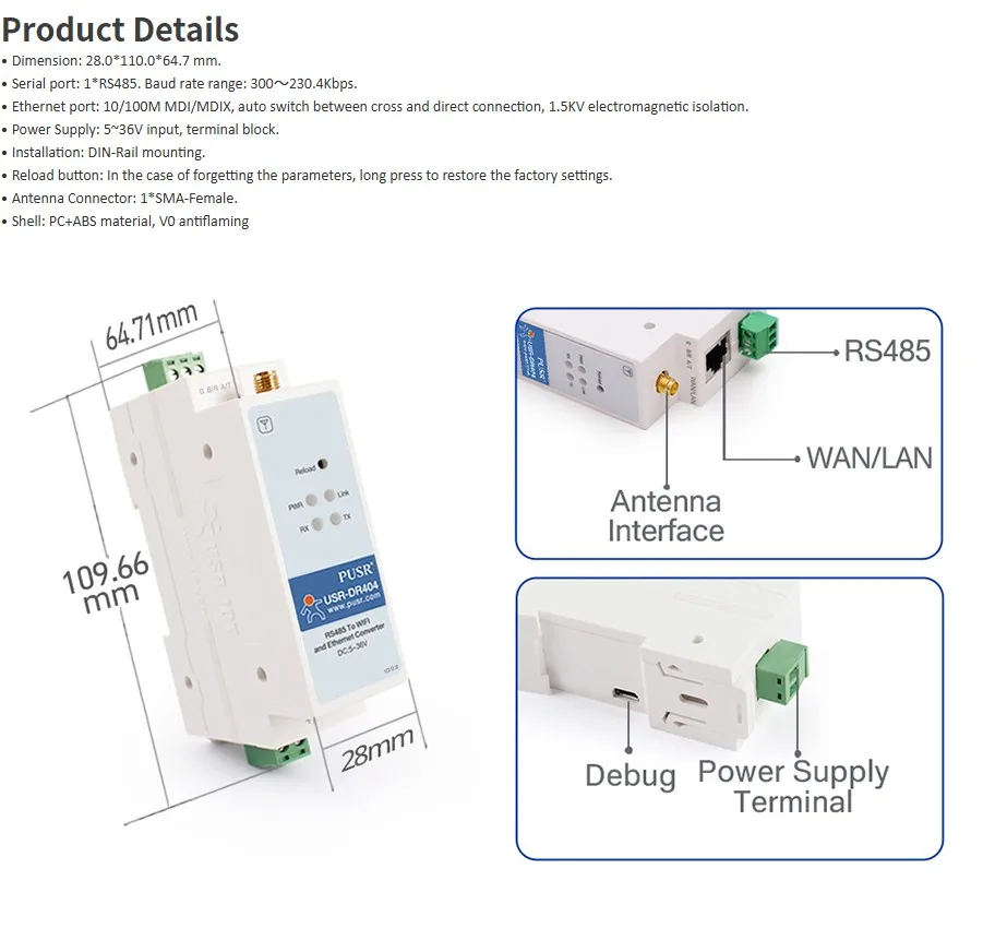 Rail-type Din-rail WiFi Serial Server Wireless RS485 to Ethernet Industrial Serial Module USR-DR404