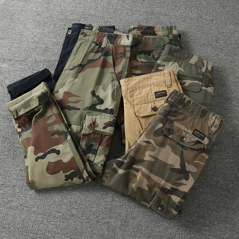 Men's Autumn/Spring Cotton Casual Pants Tactical Multi-Pockets Camouflage Cargo Pants Outdoor Hiking Pants