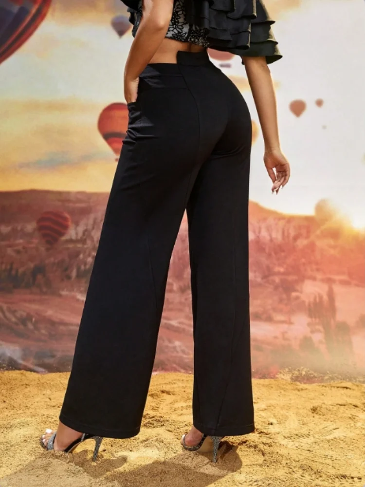 D&M Fashion Women Spring Fall Baggy Black Trouser Office Ladies High Waist Wide Leg Pants Full Length Straight Suit Pant Outwear