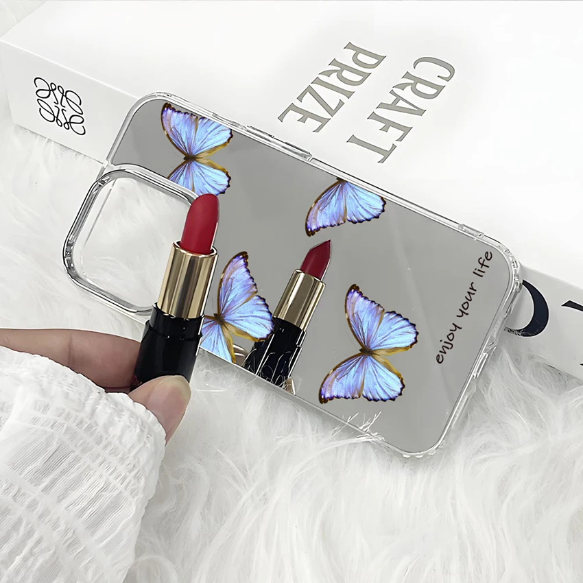 Plated Lens Ring Phone Case For Iphone 16 15 14 17 13 Pro 12 11 Max Plus 16Pro Mirror Phone Case Painted Butterfly 15Pro Cover