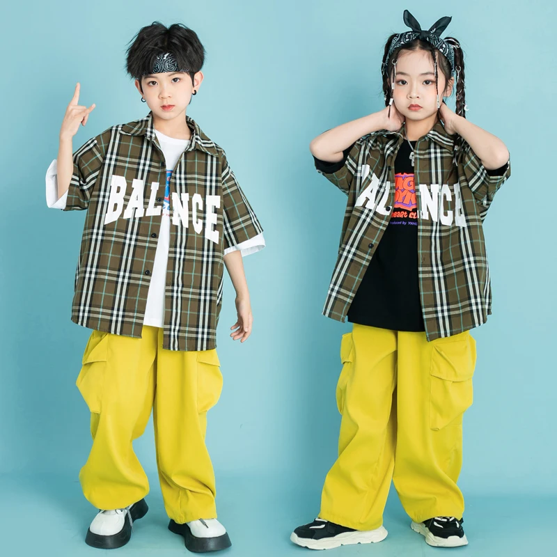 Teenage Stage Outfits Kids Hip Hop Clothing Checkered Shirt Tops Yellow Pants For Girls Boys Jazz Dance Costume Street Clothes